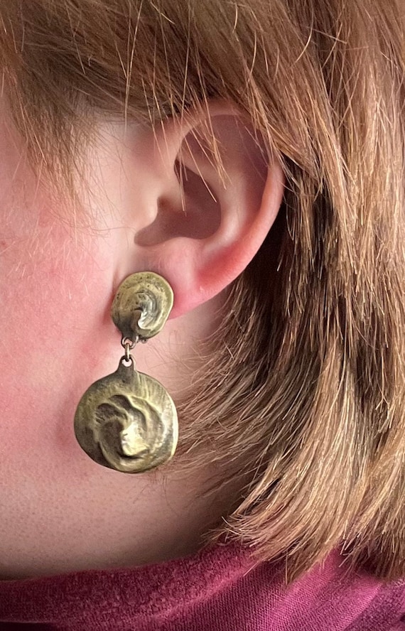 Vintage Brush Gold Earrings, Vintage Clip-On Earr… - image 2
