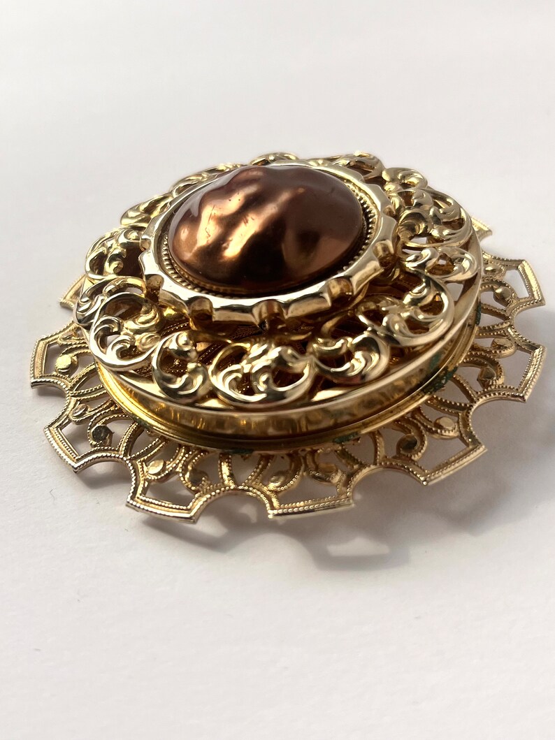 Vintage Gold Brooch, Large Gold and Bronze Pendant, Vintage Filagree Pendant, Statement Pendant, Vintage Pendant, Hat Pin, Scarf Accessory image 5