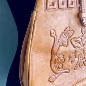 Vintage brown leather purse floral embossed,1960's image 9
