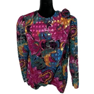 PETRA Designer Floral Blouse, Designer Floral Blouse, Vintage Floral Blouse, Rainbow Long Sleeve Blouse, Vintage Top, 80s Top, Rose deco Top