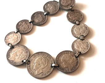 Queen Wilhelmnia Coin Bracelet, Vintage Netherlands Coin Bracelet, Silver Coin Bracelet, Silver Coin Panel Bracelet, 1930s Coin Jewelry