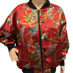 GANTOS Vintage Bomber Jacket, Tassel Jacket by Gantos, Vintage Jacket, Red Patterned Jacket, 80&#39;s Bomber Jacket, Zipper Jacket, Unisex