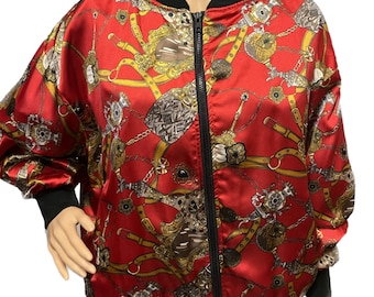 Giubbotto bomber vintage GANTOS, giacca con frange di Gantos, giacca vintage, giacca con fantasia rossa, giubbotto bomber anni '80, giacca con cerniera, unisex