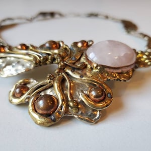 Brutalist vintage necklace copper brass and rose quartz image 1