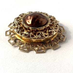 Vintage Gold Brooch, Large Gold and Bronze Pendant, Vintage Filagree Pendant, Statement Pendant, Vintage Pendant, Hat Pin, Scarf Accessory image 4