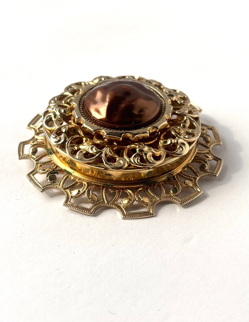 Vintage Gold Brooch, Large Gold and Bronze Pendant, Vintage Filagree Pendant, Statement Pendant, Vintage Pendant, Hat Pin, Scarf Accessory image 4