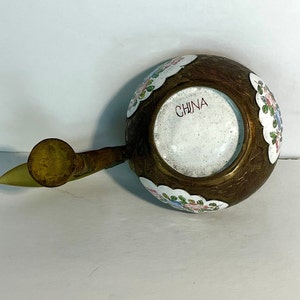 Cloisonne Chinese Jade Belt Hook Mounted Enamel Bowl, Painted Enamel Gilt Bronze Bowl, Vintage China Cup W/ Jade Handle, Collectors Bowl image 7