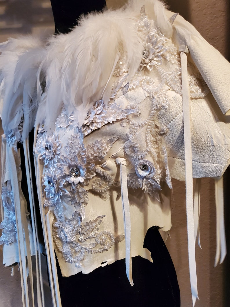 Designer Top, Feathered top, Julie Ewing, Feathered Cape, Leather Cape, Designer Cape, White Leather Cropped Top image 7