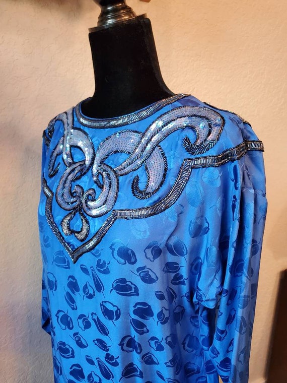 Vintage Blue Silk Dress, Tulip and Sequins Dress,… - image 2