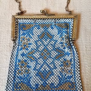 Art Deco Chain Mail Purse, Vintage Purse, Gold and Blue Mesh Purse, Collectors Purse, Art Deco Purse, 1920s Metal Mesh Purse, Gatsby Style