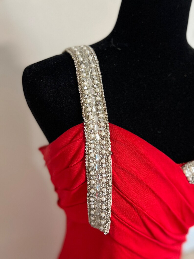 VICTORIA ROYAL 90s Vintage Designer Red Dress, One Strap Red Dress, Rhinestone Dress, Vintage Evening Gown, Vintage Prom Dress, Evening Wear image 2