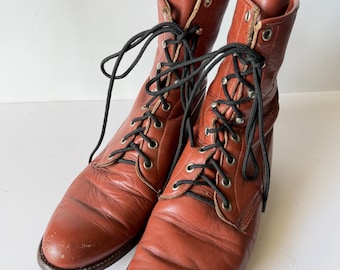 Vintage Justin Brown Leather Lace Up Boots, Size 7.5, Boho Western Cowgirl