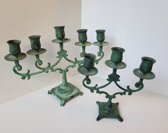 Vintage Metal Candle Holders, Vintage Candelabras, Vintage Decor, Patina Green Candle Holders, Green Metal Candelabras, Made in Thailand