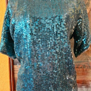 Blue Sequin Top, Vintage Teal Blouse, 80s Sequin Blouse, 80s Fashion, 80s Top, Sparkly Top, Blouse by Royal Feelings