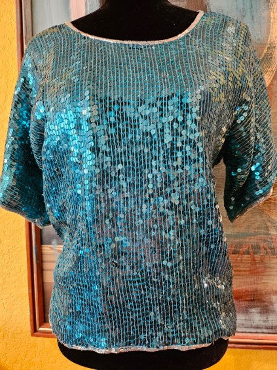 Blue Sequin Top, Vintage Teal Blouse, 80s Sequin … - image 1