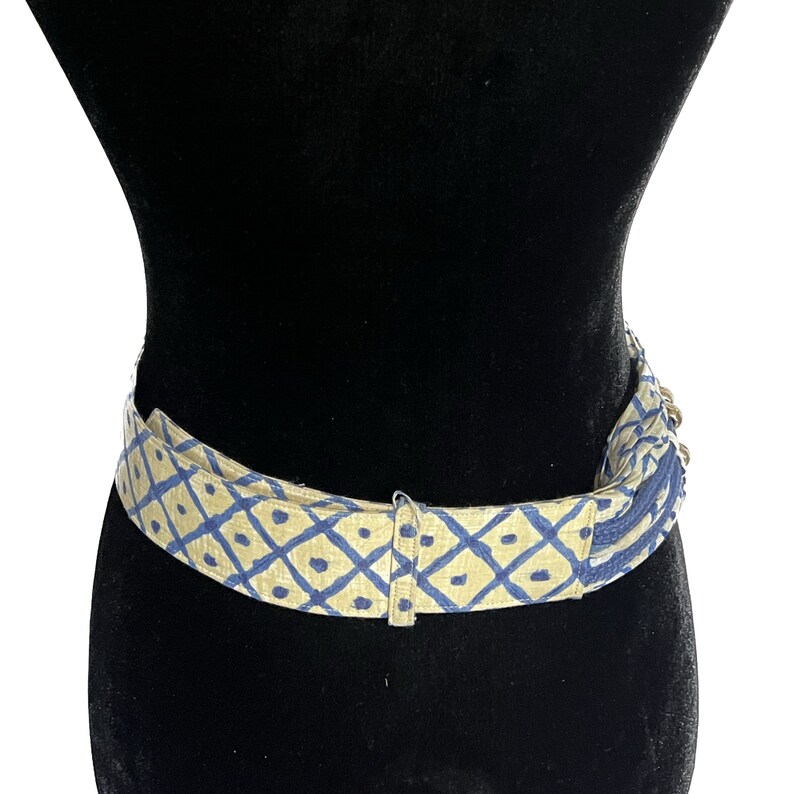 Vintage Tropical Wrap Belt, Blue Geometrical Pattern Belt, Wide Fabric Belt, Vintage Gold Bird and Bead Belt, Statement Belt, Pirate Belt image 6