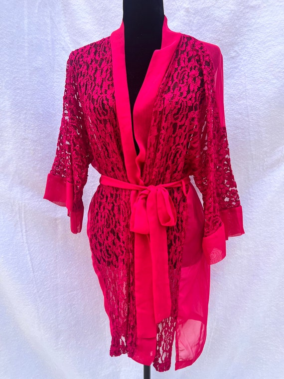 Hot Pink Robe, Vintage Robe, Lace Robe, Vintage L… - image 1