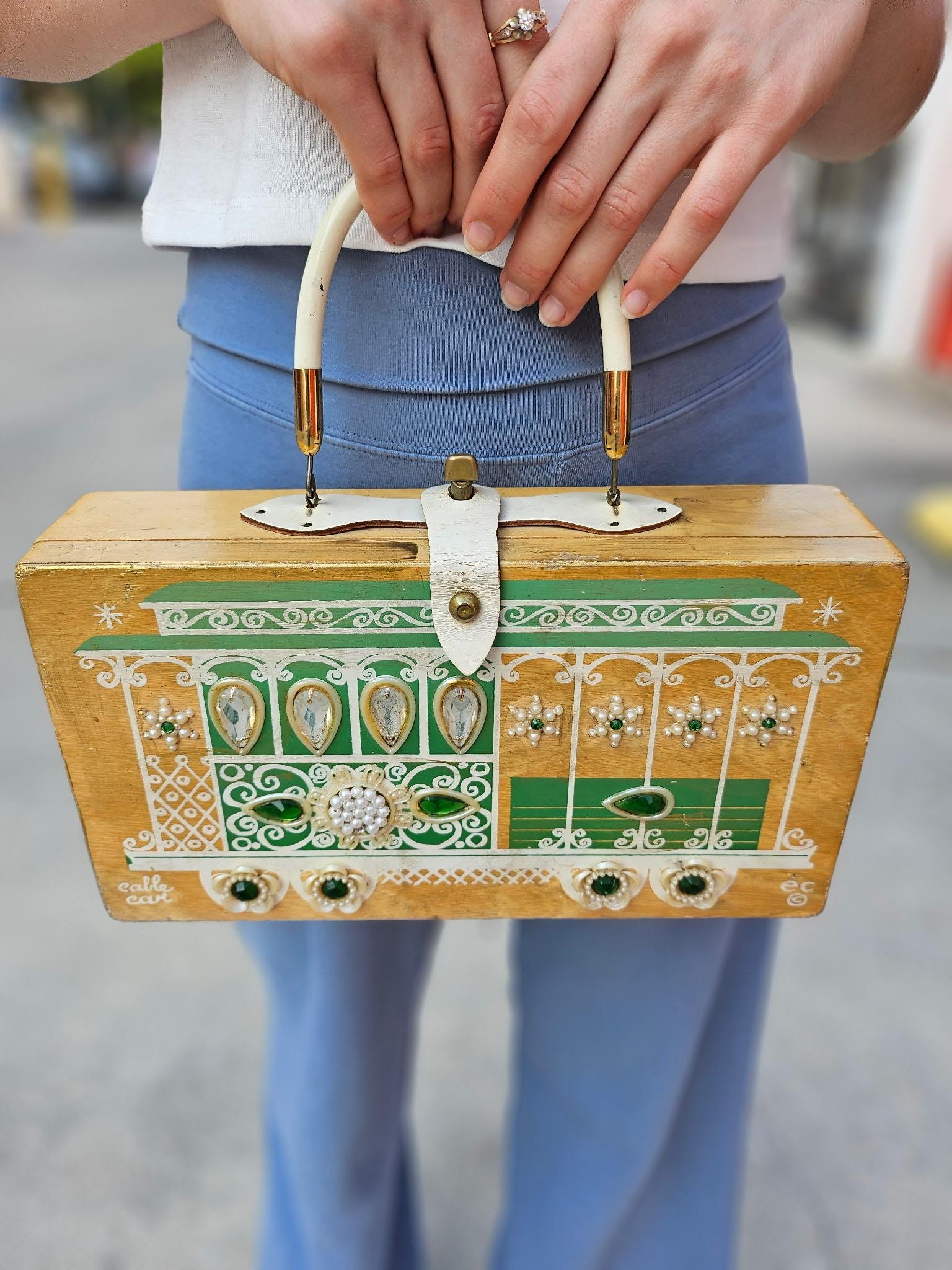 Vintage Enid Collins Cable Car Box Bag, 1966 Hand-decorated Wood