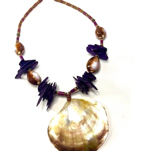Vintage Shell beaded Necklace, 1980&#39;s Necklace, Vintage Shell Necklace, Nautical Necklace, Sealife Necklace, 70s Seashell Necklace