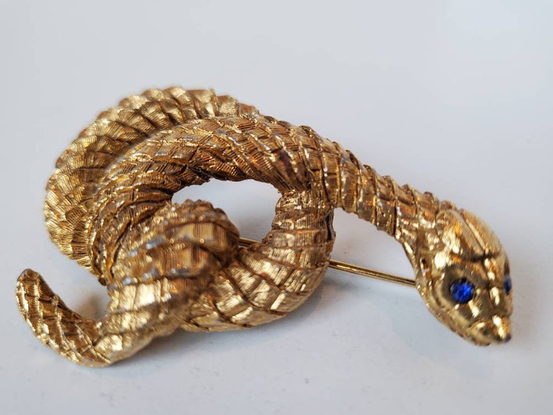 Vintage gold snake pendant and earrings with blue eyes, 1960's image 2
