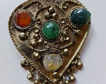 Indian Multi-Stone Brooch, Pewter Brooch, Pewter Embossed Brooch, Multi Stone Pin, Ethnc Jewelry, Gypsy Brooch, Scarf Pin, Hat Pin,