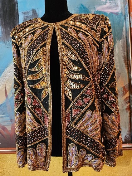 RAZZLE DAZZLE Sequin Long Jacket, Vintage Sequins and Beaded Tunic