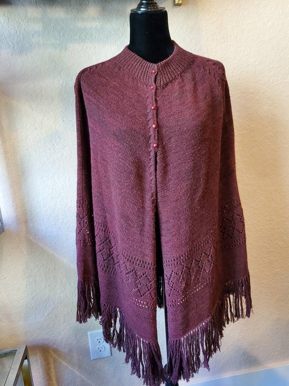 Vintage poncho, maroon poncho, hand knitted poncho