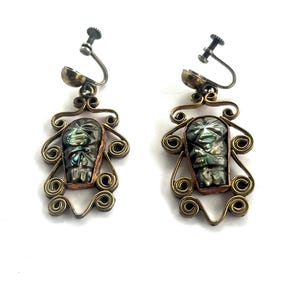 Vintage Mexico Copper Earrings,  Scrollwork Vintage Earrings, Copper Abalone Stamped MEXICO Earrings, Custom Aztec Earrings, 1960s Earrings