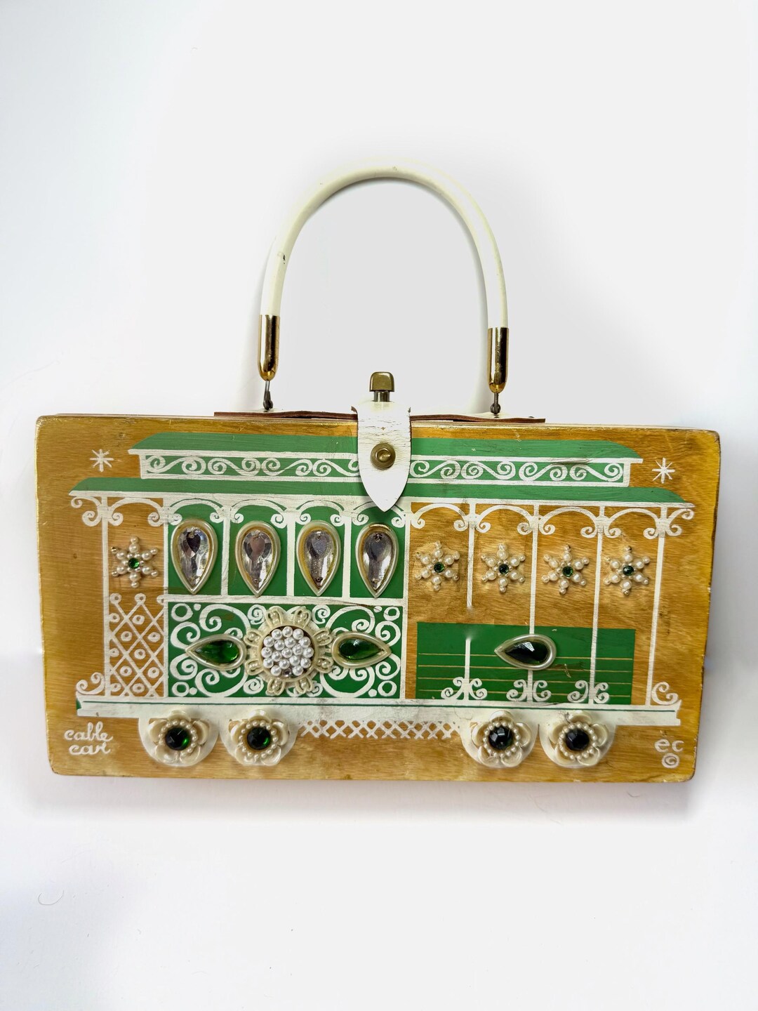 Vintage Enid Collins Cable Car Box Bag, 1966 Hand-decorated Wood