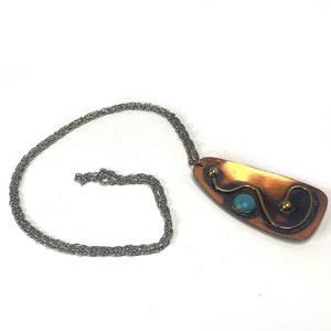 Copper Necklace Vintage, Large Pendant Necklace, Abstract Necklace, Copper Jewelry, Copper and Blue Stone Pendant, Brutalist Copper Necklace