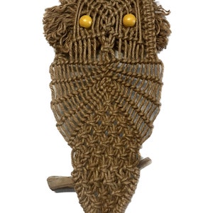 May include: A brown macrame owl wall hanging with wooden dowels and yellow wooden bead eyes.