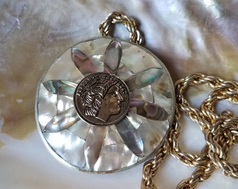 Vintage Albacore shell pendant with Greek coin designed and reworked by Amanda Alarcon-Hunter for Minx and Onyx Vintage