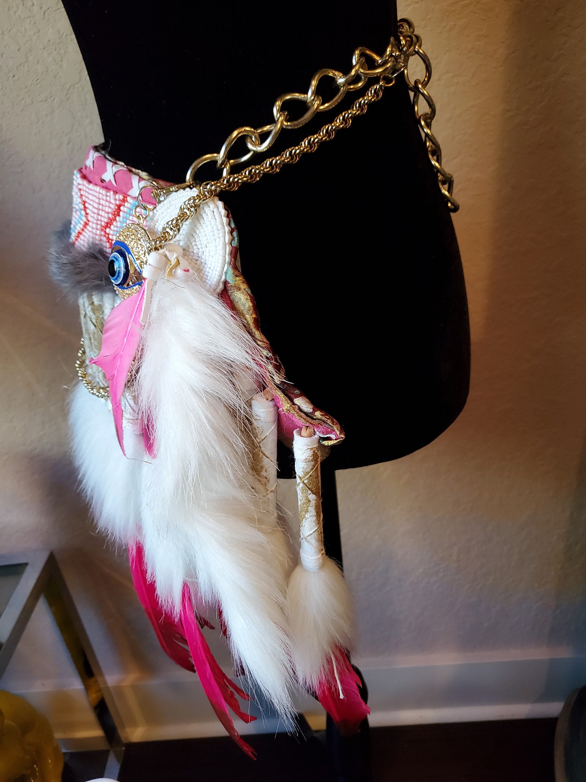 Feather Art Belt, Redesigned Feather and Handpainted Belt, Chain 