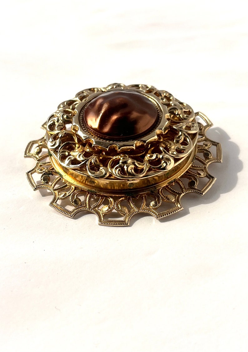 Vintage Gold Brooch, Large Gold and Bronze Pendant, Vintage Filagree Pendant, Statement Pendant, Vintage Pendant, Hat Pin, Scarf Accessory image 2