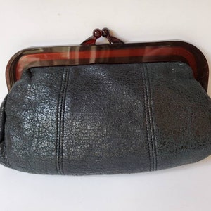 Black purse vegan leather with thick brown lucite trim,1960's image 1