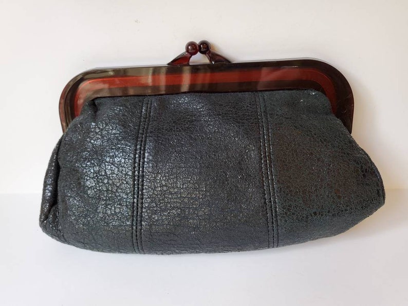Black purse vegan leather with thick brown lucite trim,1960's image 1