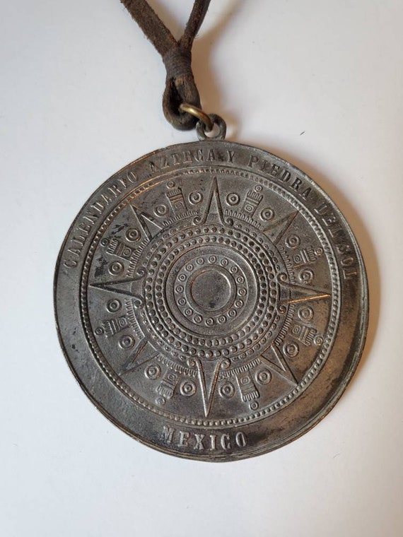 Aztec sun calendar vintage pewter necklace, 1970's - image 2