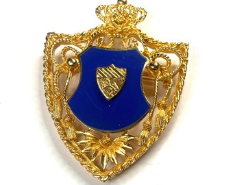 Vintage Coats of Arms Shield Brooch, Blue and Gold Brooch, Vintage Pin, Vintage Jewelry, Vintage Coat of Arms, Gold Coat of Arms, Gold Pin