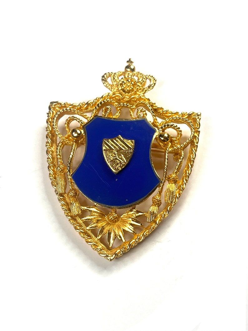 Vintage Coats of Arms Shield Brooch, Blue and Gold Brooch, Vintage Pin, Vintage Jewelry, Vintage Coat of Arms, Gold Coat of Arms, Gold Pin image 1