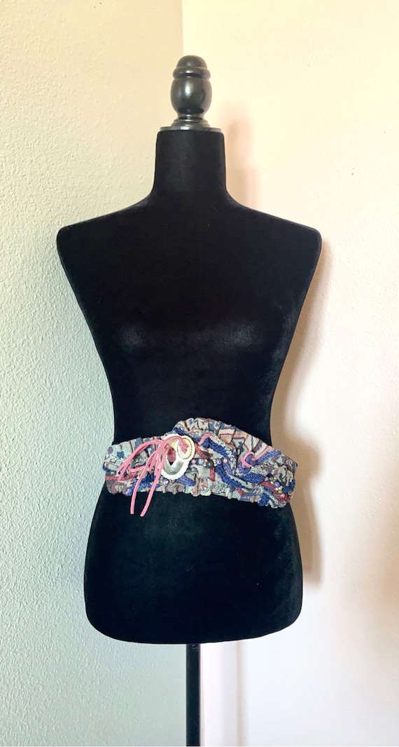 Vintage tapestry belt, 80's belt, navy blue belt, 