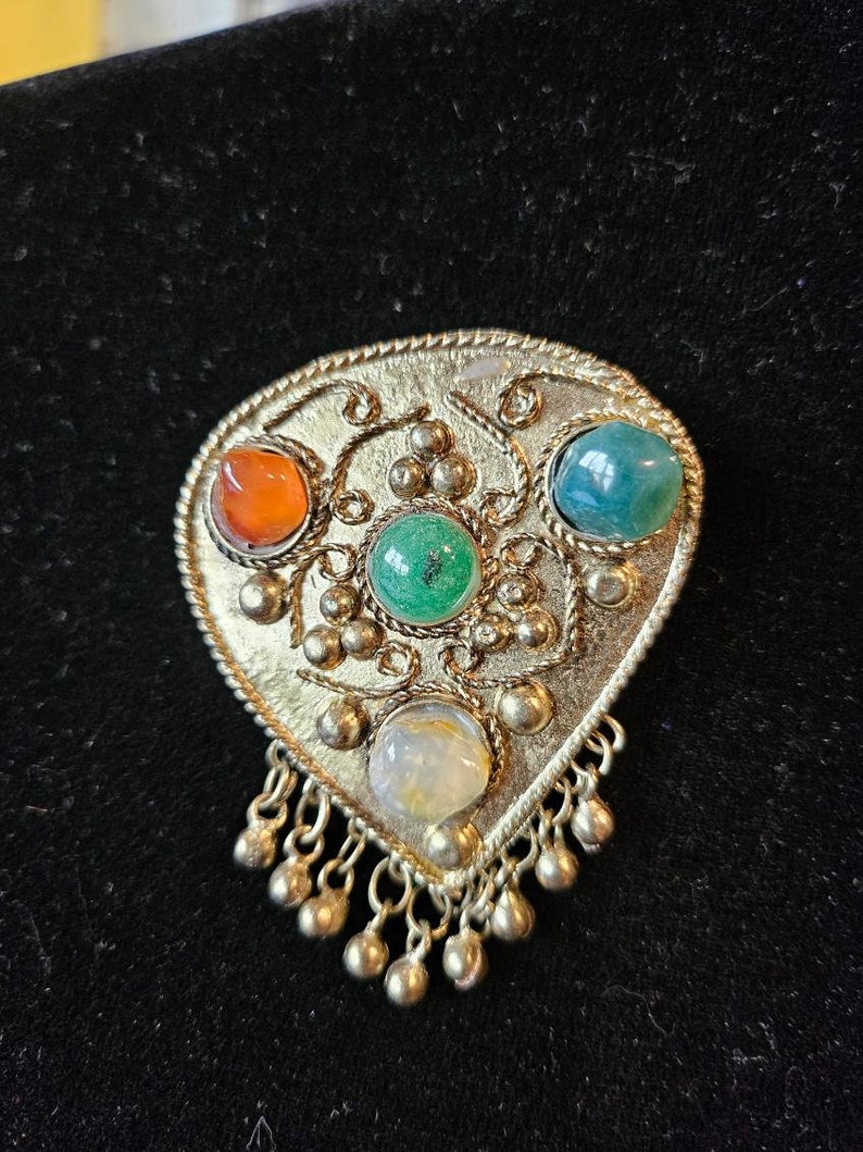Indian Multi-Stone Brooch, Pewter Brooch, Pewter Embossed Brooch, Multi Stone Pin, Ethnc Jewelry, Gypsy Brooch, Scarf Pin, Hat Pin, image 7