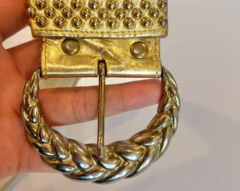 80s Gold Metallic Studded Leather Belt, Braided Buckle - Etsy display picture 1
