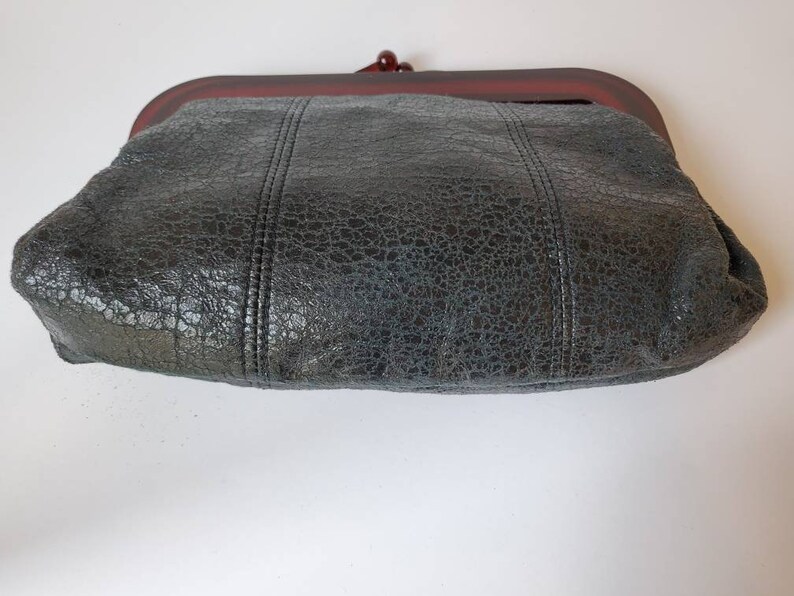 Black purse vegan leather with thick brown lucite trim,1960's image 2