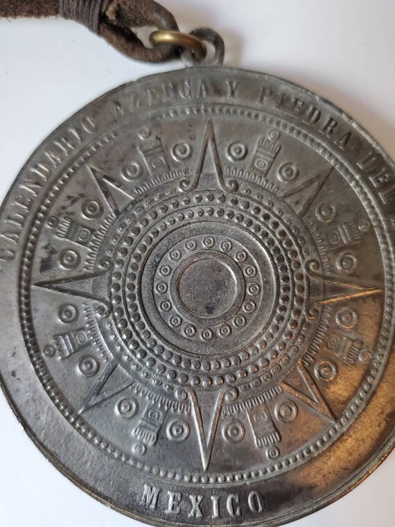 Aztec sun calendar vintage pewter necklace, 1970's - image 3