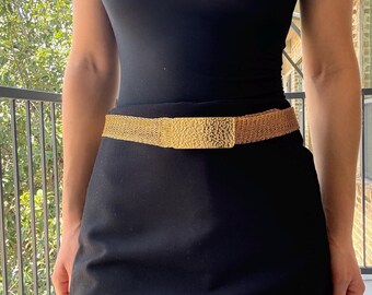 Vintage Paquette Gold Scroll Statement Belt Leather Waist Belt Ornate Buckle Wide Adjustable Brown Leather Statement Belt w Rococo Gold  main image 3