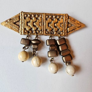 Gold Beaded Vintage Brooch, Dangle Brooch, Bronze and Gold Toned Brooch, Geometric Brooch, Vintage Pin, Beaded Pin, Asymmetrical Pin image 1