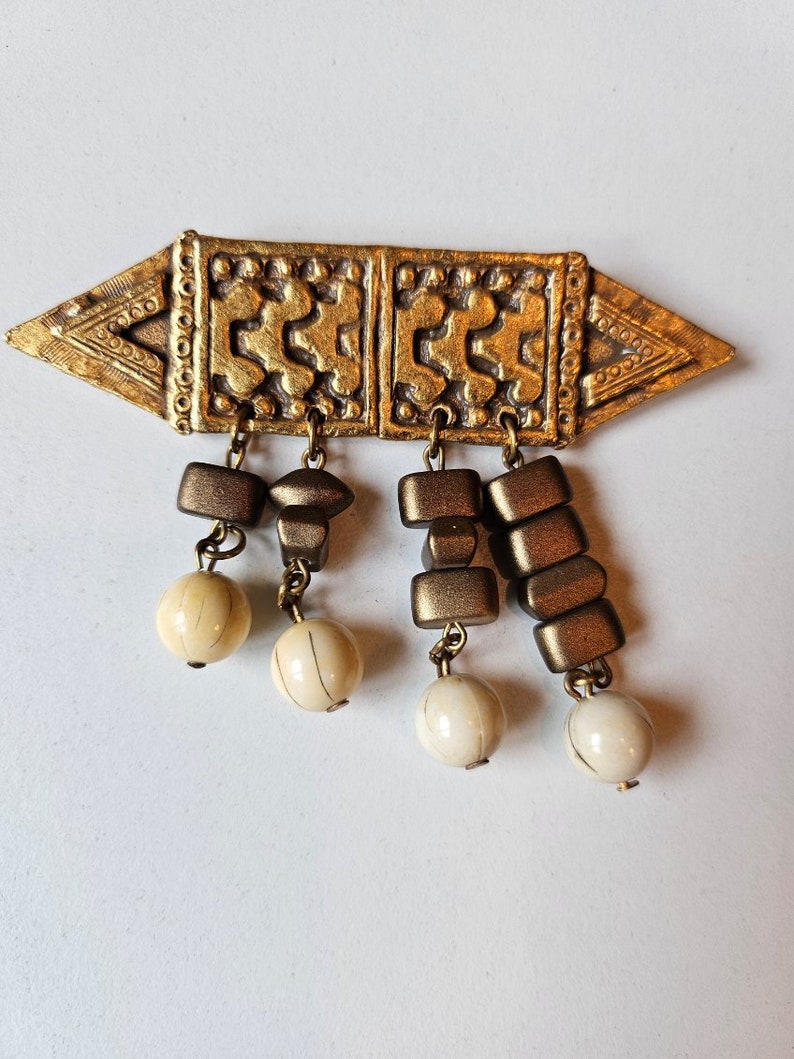 Gold Beaded Vintage Brooch, Dangle Brooch, Bronze and Gold Toned Brooch, Geometric Brooch, Vintage Pin, Beaded Pin, Asymmetrical Pin image 1