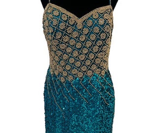 A J Bari Vintage Teal Sequins Dress, Metallic Beaded Dress, 80s Beaded Dress, Teal and Gold Semi Formal, Designer Dress, New Years Eve Dress