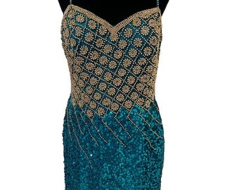 A.J Bari Vintage Teal Dress, Metallic Sequins beaded, 80s Beaded Dress, Teal and Gold Semi Formal, Designer Dress, New Years Eve Dress