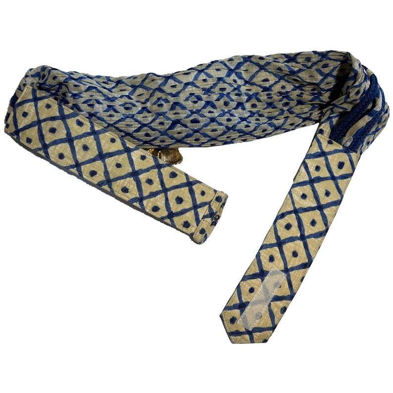 Vintage Tropical Wrap Belt, Blue Geometrical Pattern Belt, Wide Fabric Belt, Vintage Gold Bird and Bead Belt, Statement Belt, Pirate Belt image 8
